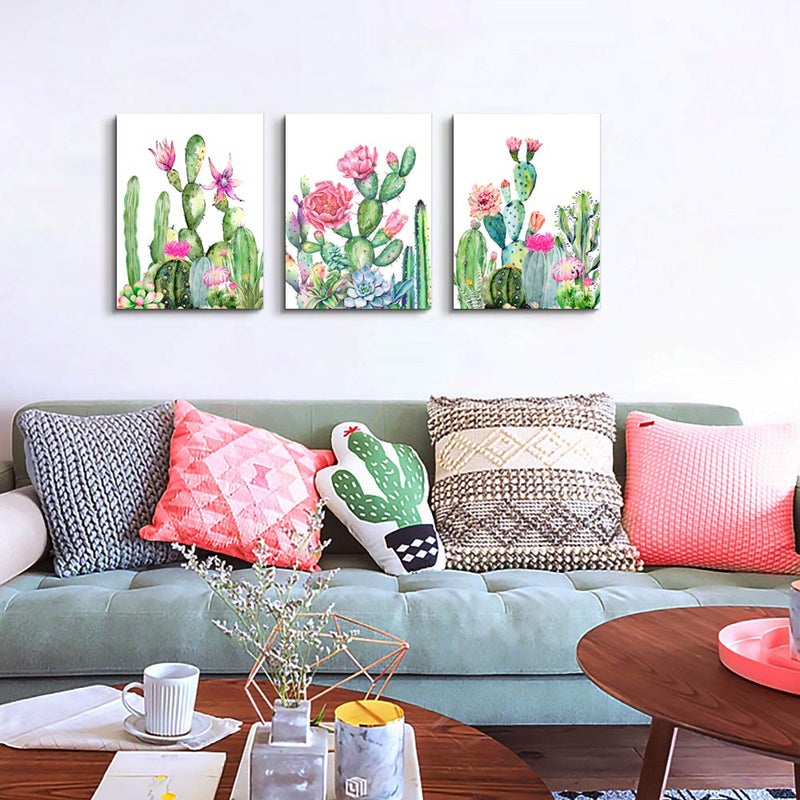 TTHYUEWS Canvas Wall Art for living room bathroom Wall Decor for bedroom kitchen artwork Canvas Prints green cactus flowers painting 12" x 16" 3 Pieces Modern framed office Home decorations family picture - Image 4